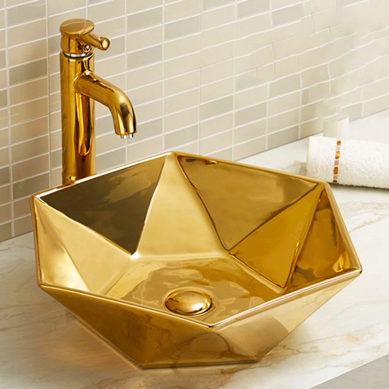 Golden Personality Bathroom Sinks Light Luxury Simple Hexagon Restroom Wash Basin Bathroom Above Counter sink Kitchen Fixtures