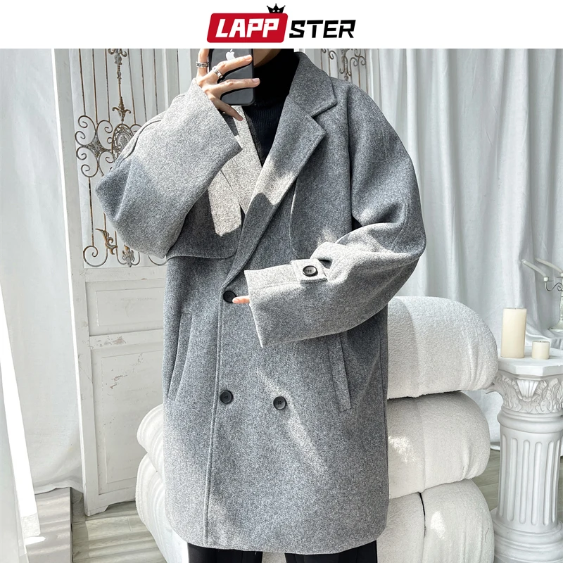 LAPPSTER Korean Fashion Winter Jacket Trench Coat 2023 Wool Long Coat Mens Harajuku Vintage Black Luxury Casual Windbreakers 5XL