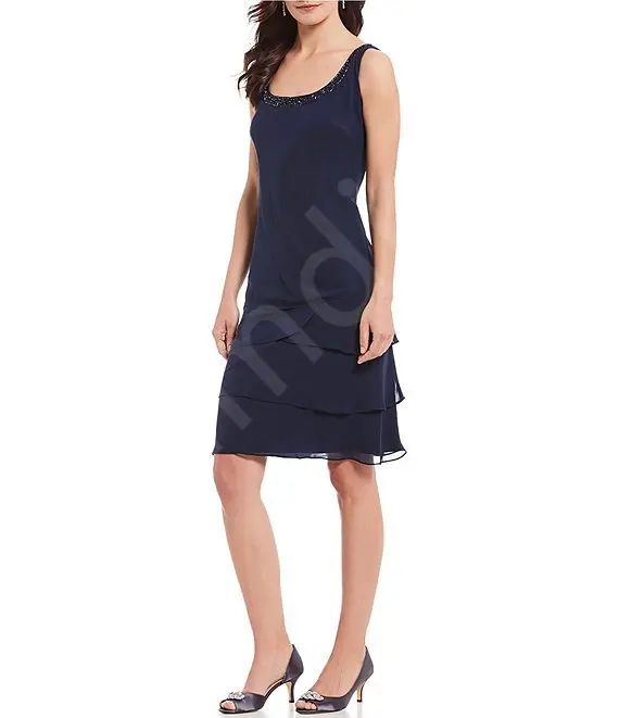 Vestido de chiffon em camadas azul marinho personalizado com jaqueta frisada vestidos de mãe da noiva elegantes vestidos de eventos formais de noite