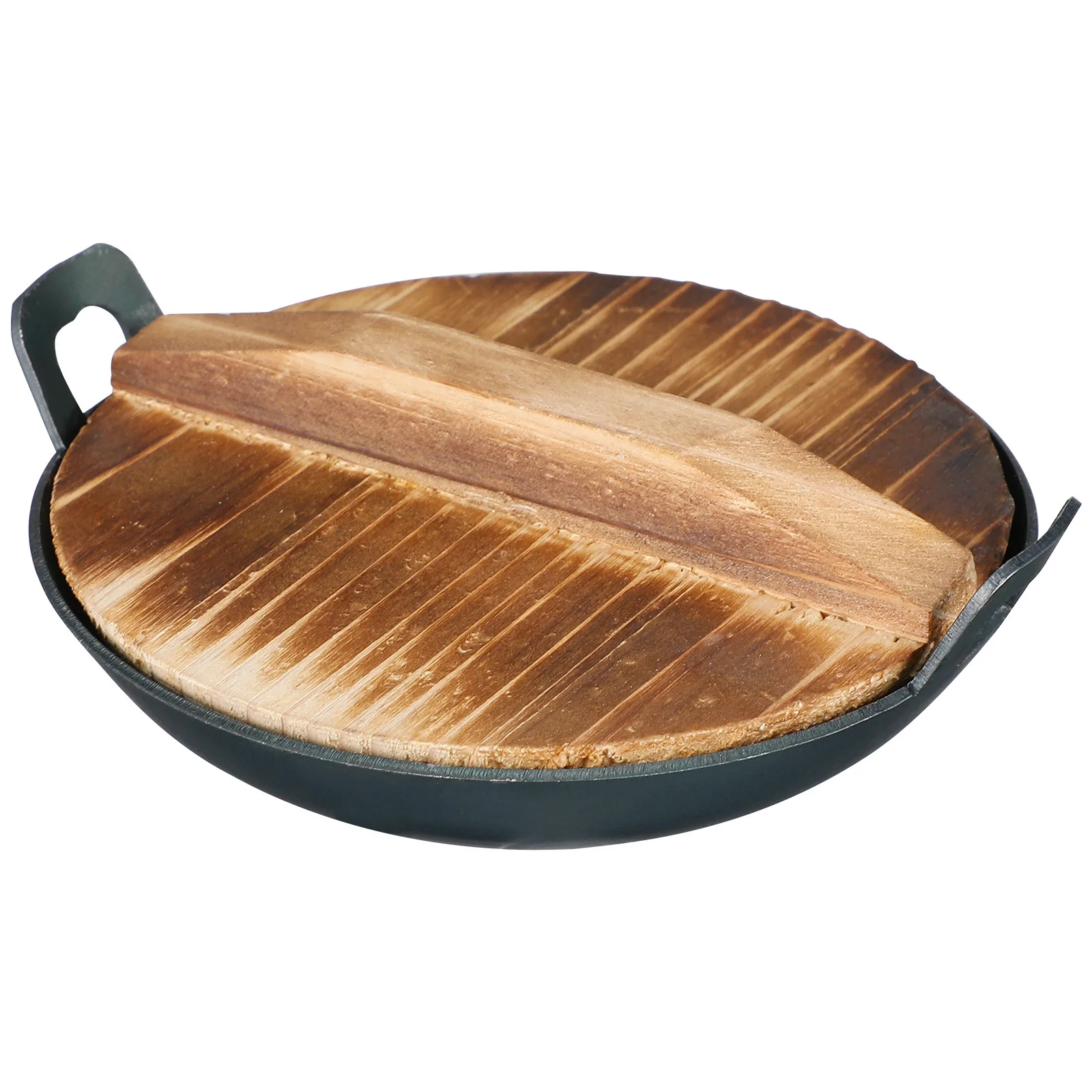 

1Set Mini Cookware Set Handcrafted Iron Wok Natural Wood Cover Detailed Kitchen for Mini Scene Display Home