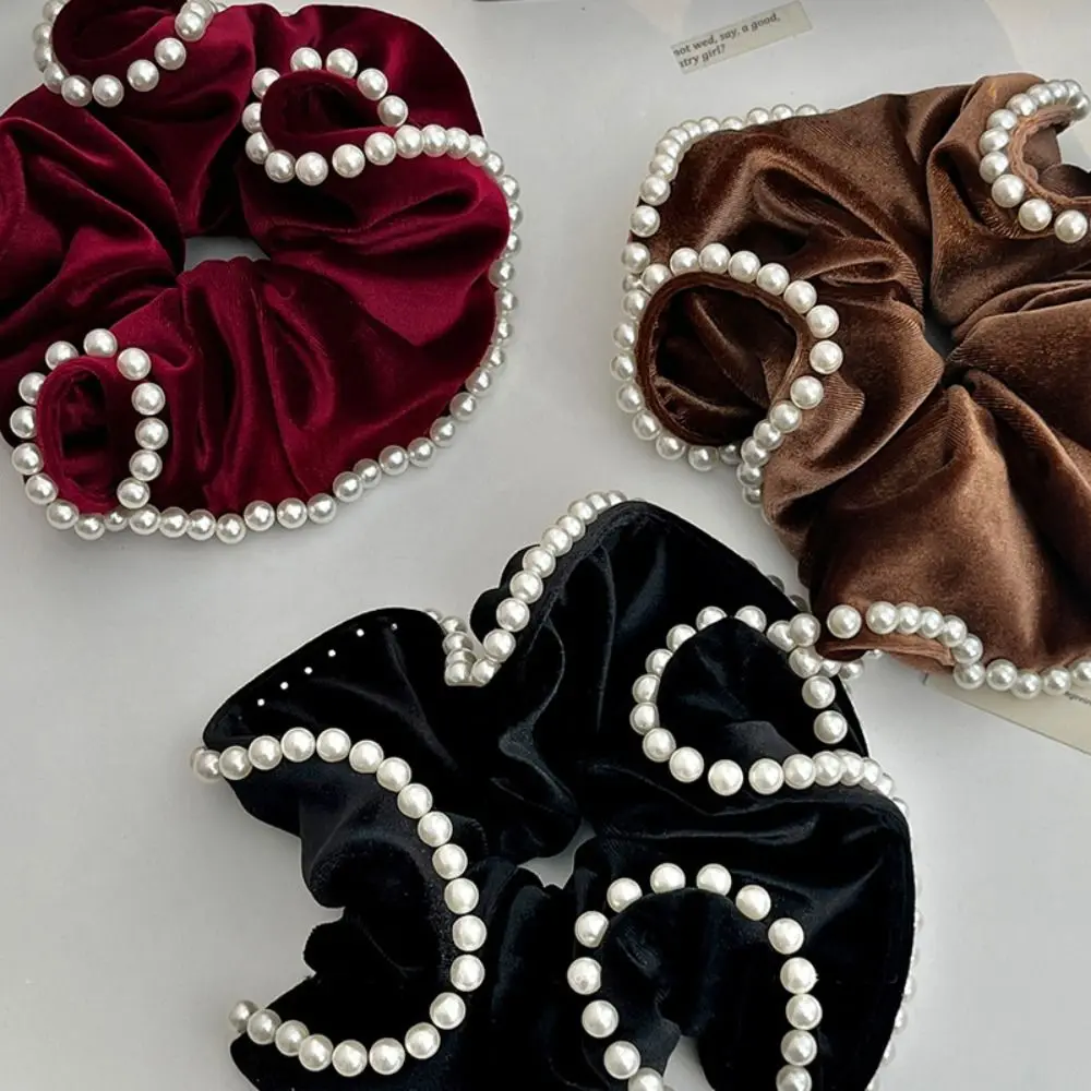 Scrunchies de terciopelo francés con perlas Vintage, cuerda para el cabello, diadema de colon grueso, Anillo para el cabello de temperamento Simple,