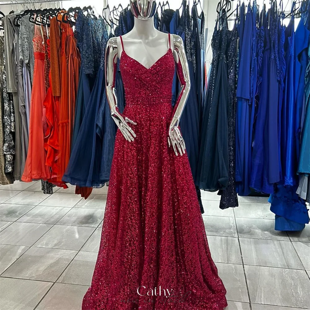 

Cathy Wine Red Glitter Wedding Dresses Spaghetti Strap A-line فساتين سهرة Elegant Sleeveless Floor-length vestidos de fiesta