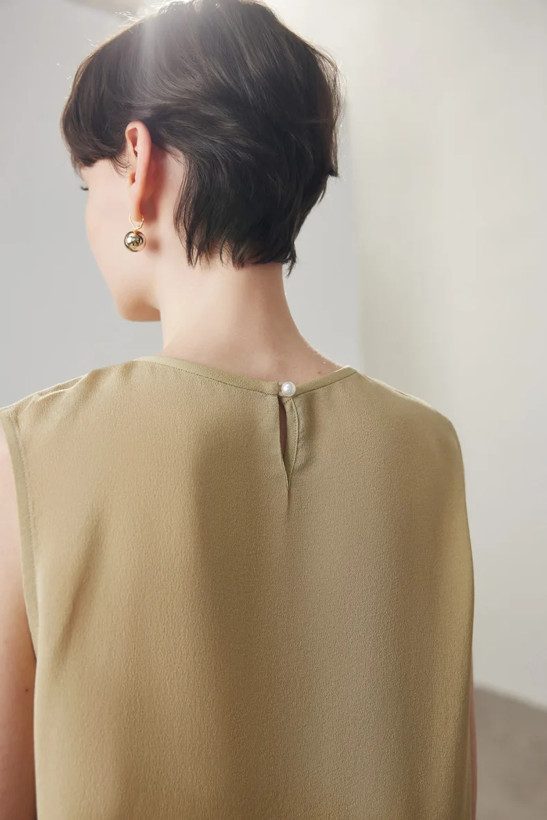 100% Silk Women's Blouse O Neck Sleeveless Ruffles Appliques Elegant Fashion Blouse Tops