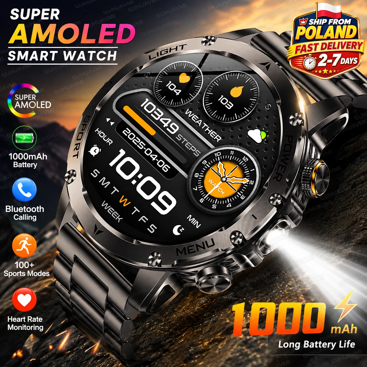 Reloj Militar Nuevo, Resistente y Duradero, Batería de 1000mAh, Smartwatch para Hombres, Pantalla AMOLED HD de 1.7 Pulgadas, Reloj con