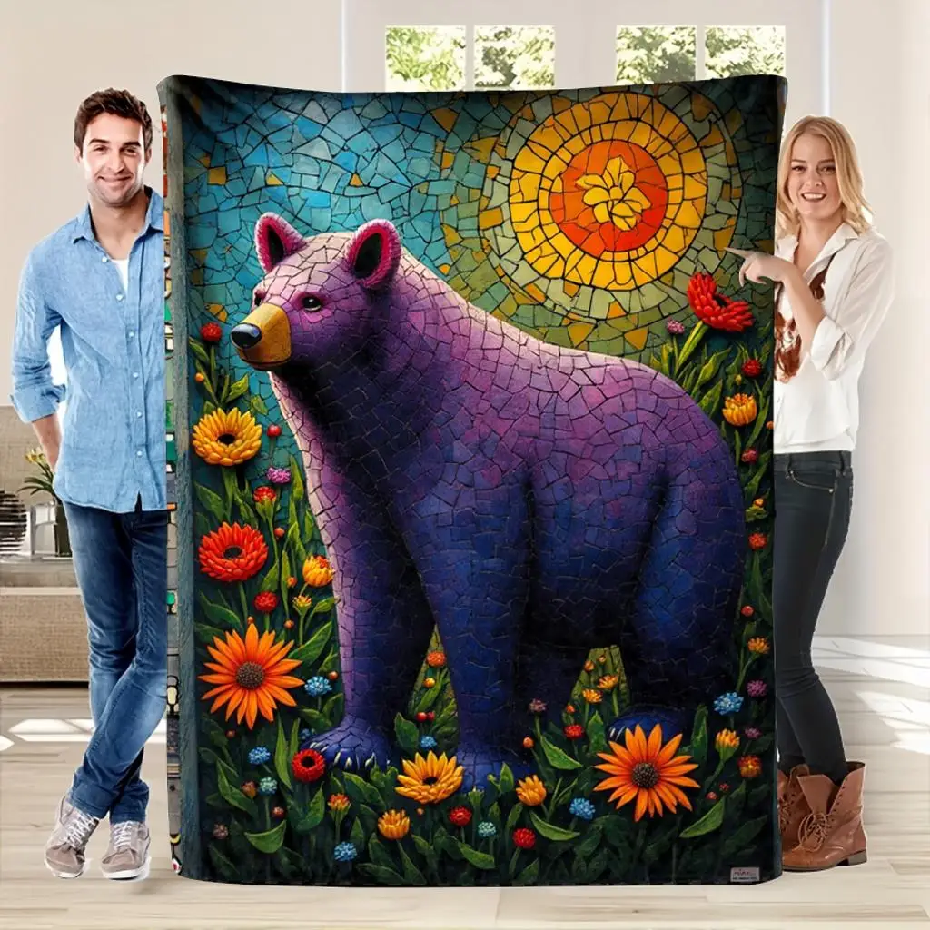 Mosaic Bear Floral Print Throw Blanket Chunky Cozy Art Decor Plush Gift for Home Outdoor Seasonal Decor