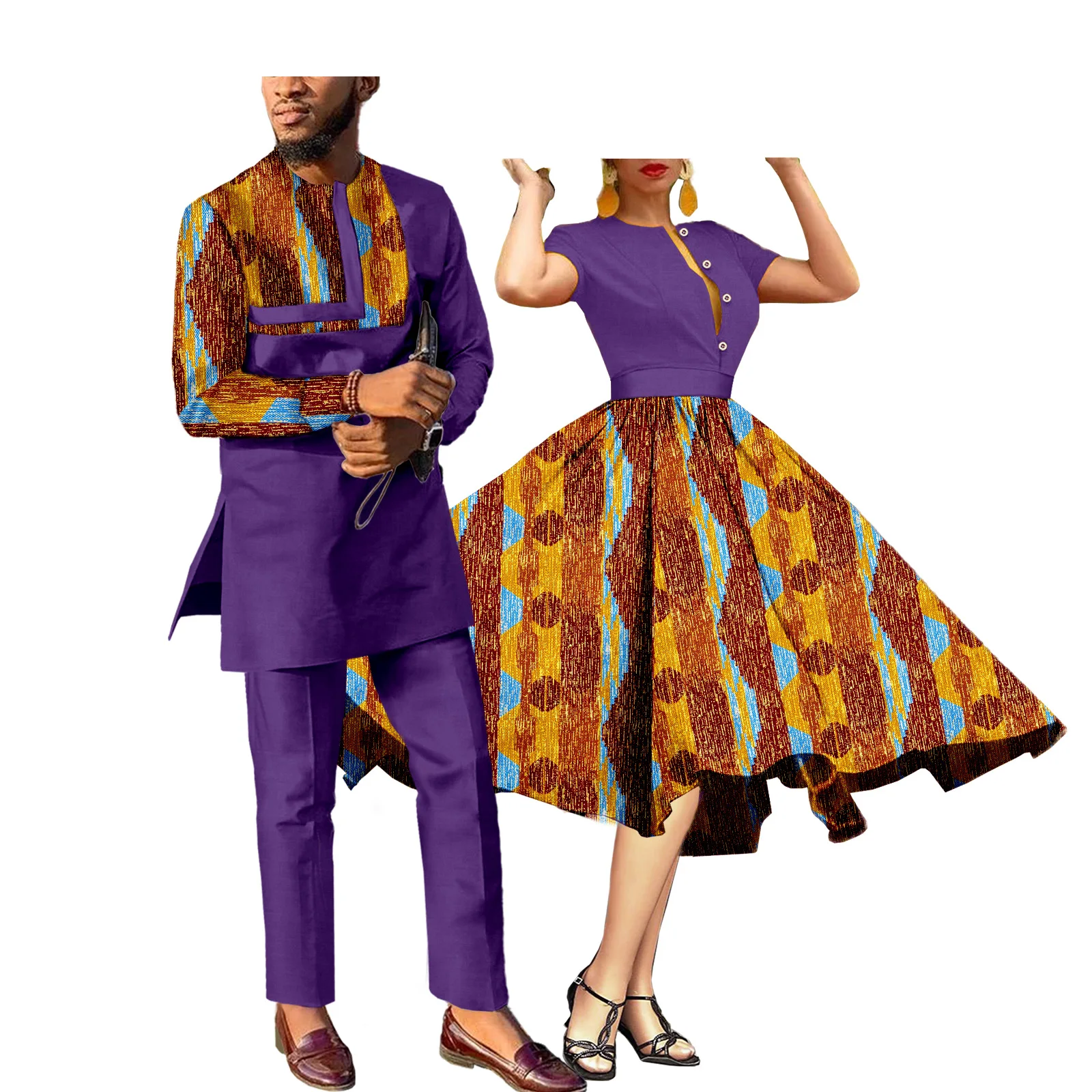African Couples Women Print Wax Cotton Fashion Patchwork Hot Dress & Men 2 Pieces Shirt and Pants Sets