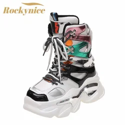 Women Warm Plush Ankle Boots 2022 New Winter High Top Chunky Leather Sneakers 8CM Heels Lace-up Motorcycle Platform Snow Botas