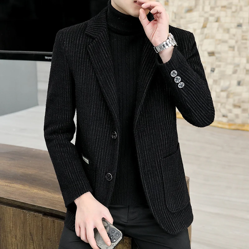 New Men\'s Suit Woolen Winter Thickeneded Outwear Good Quality Stripesd Casual Fashion Handsome Youth Black Suit Beige Outwear Top Middle-Aged Suit