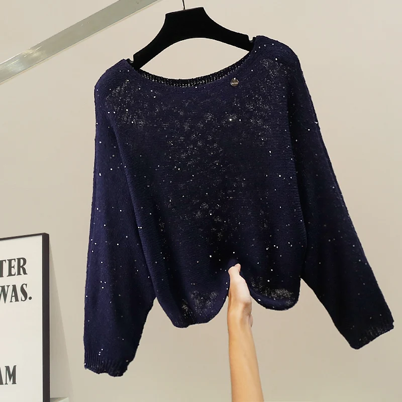 

Корейский вязаный свитер с бисерной отделкой, свободный крой, длинный рукав, модный, универсальный, осенний, теплый, с круглым вырезом