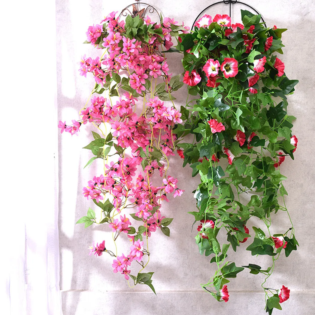 1pc Artificial Plants Vines Morning Glory Hanging Silk Flowers Vine Indoor Outdoor Garden Wall Hanging Decor Fake Flower Rattan