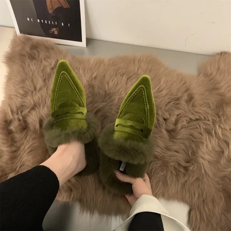 COZOK Luxury Fur Furry Women Slippers Fur Flat Mules Fashion Velour Slides Indoor Outdoor Sexy Cotton Warm Slides Winter