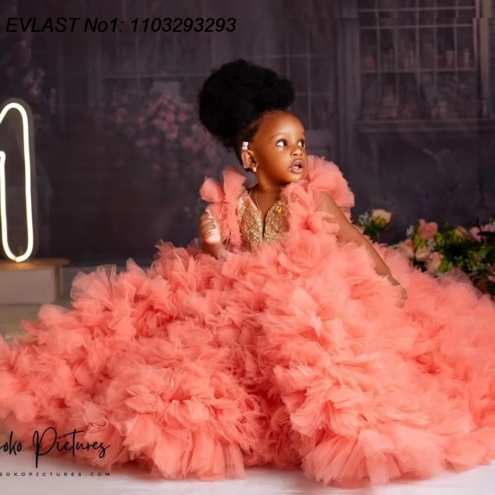EVLAS Customized Luxury Beaded Flower Girl Dress Tulle Ruffles Princess Baby Girls First Birthday Party Dress For Wedding TFD188