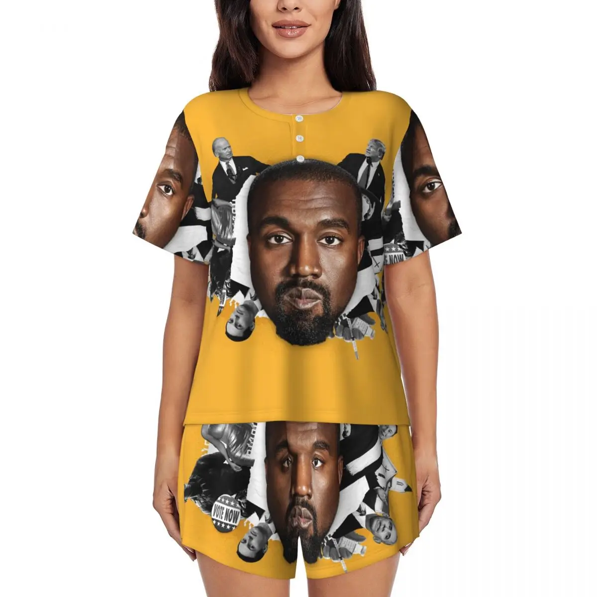 Custom Womens Funny Kanye West Meme Pajamas Set Rapper Music Producer Two-piece Pjs Sets Short Sleeve Sleepwear Loungewear