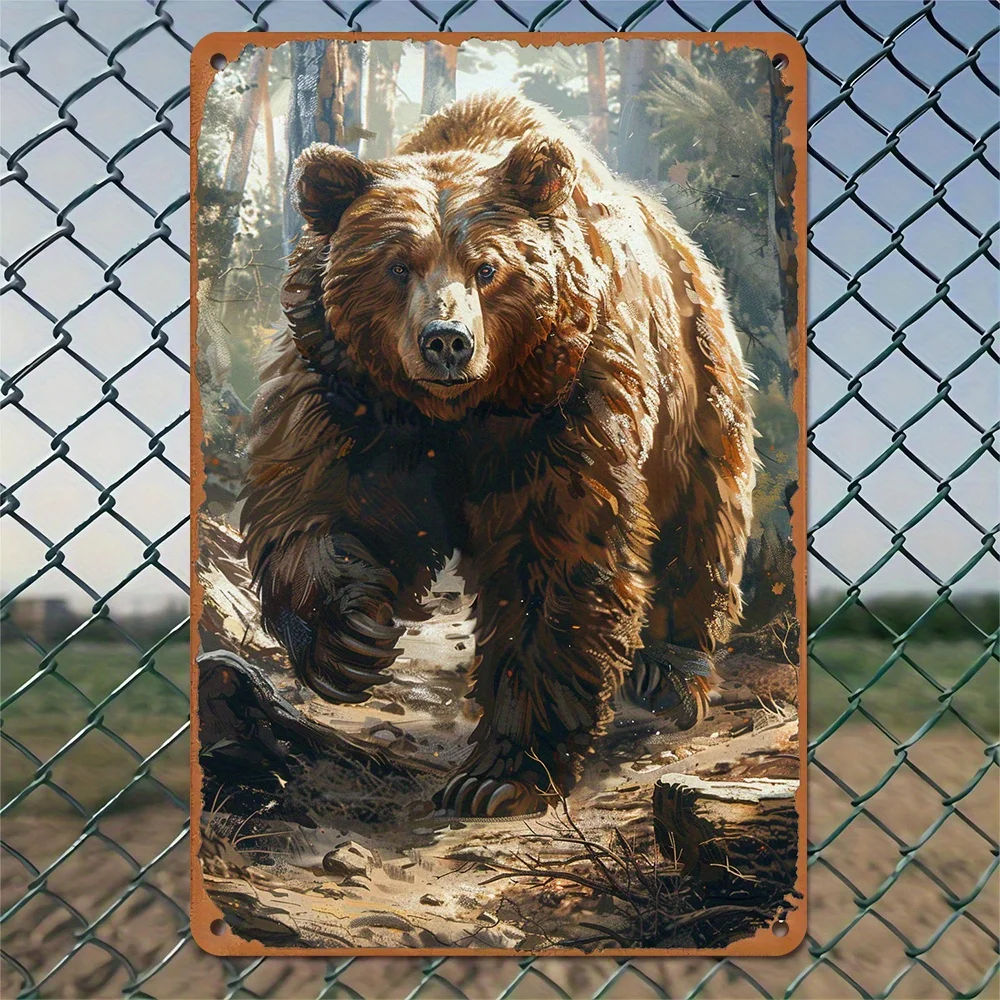 Vintage Brown Bear Forest Tin Painting 8x12 Inch Vintage Wall Art Suitable for Home and Bar Decor Durable Iron Construction