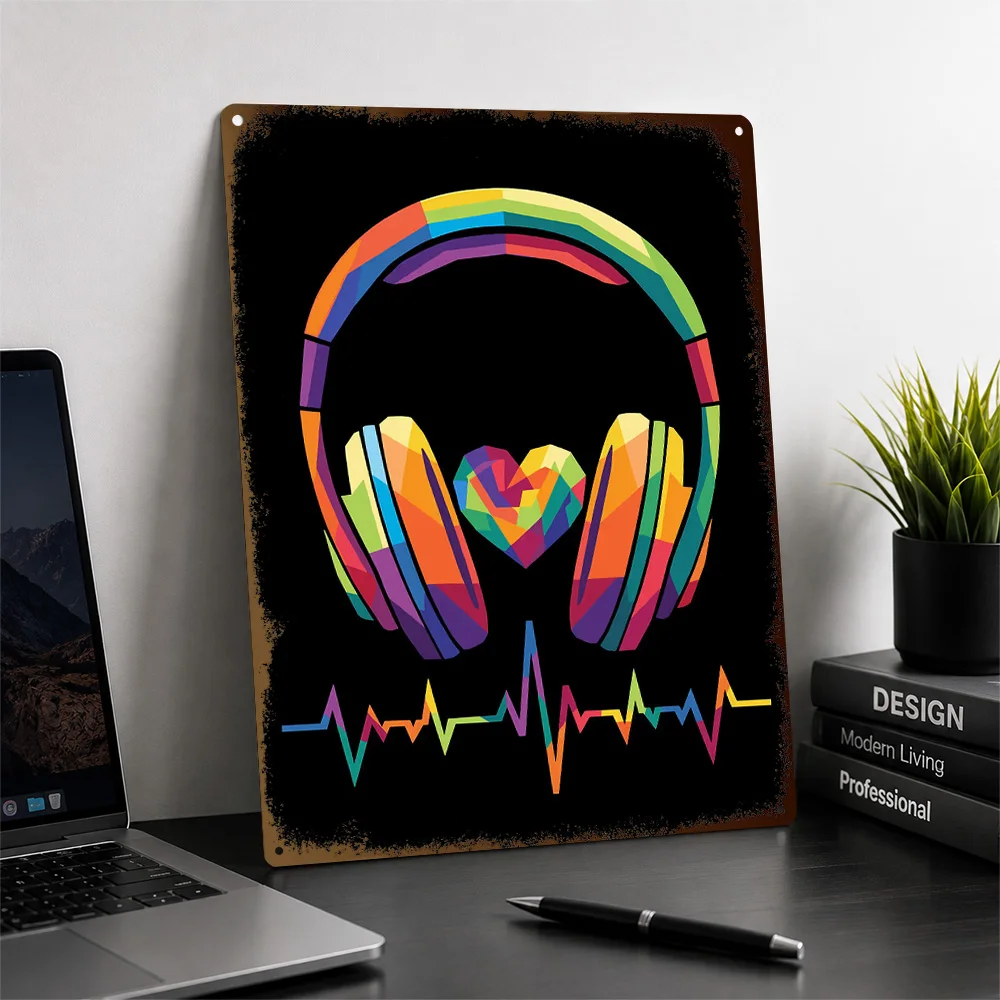 Colorful Headphones Heartbeat Music Printed Poster Customized Metal Sign Melody Tribute Wall Art For Entertainment Space Decor