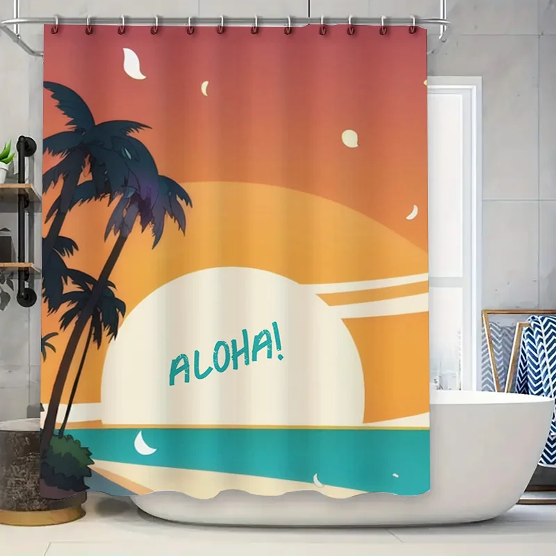 

Занавеска для ванной с пальмовым деревом Aloha, тропический пляжный декор, душевой набор с волнистым синим водой, оранжевым, желтым, зеленым, белым, 72 x 72 дюйма