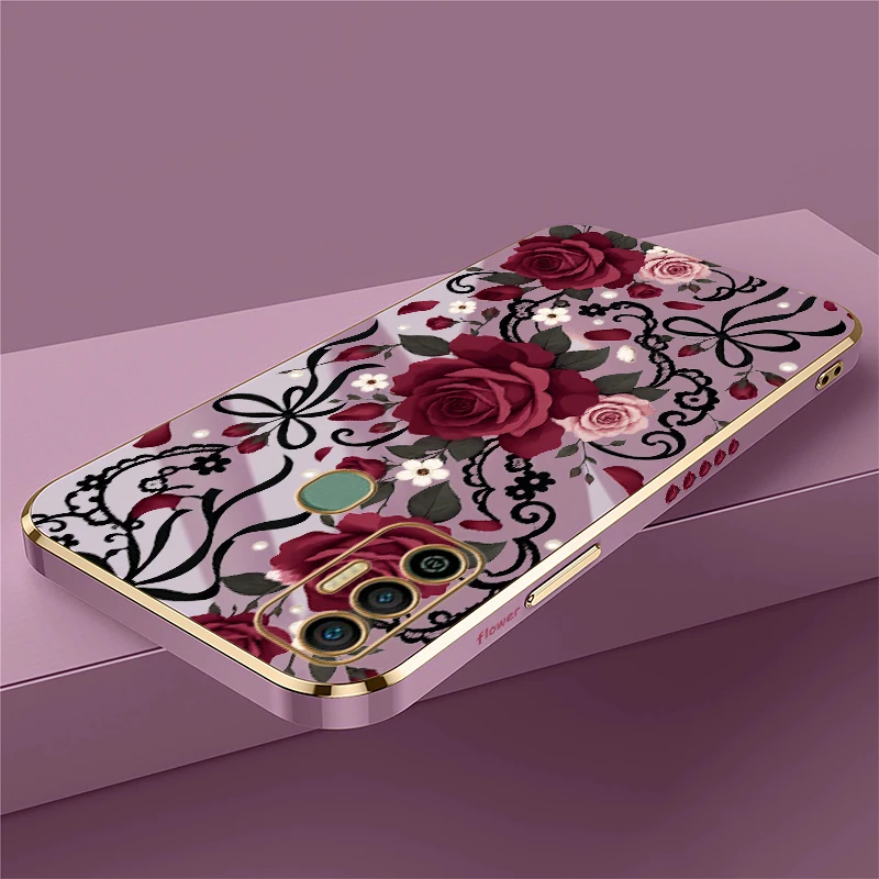 Red Rose Bow tie Pattern Phone Case For Tecno Spark 20 Pro 8C 7 Pro 7T 6 Go 1 5Air Plating Silicone Soft Anti Scratch Cover Capa - view 2