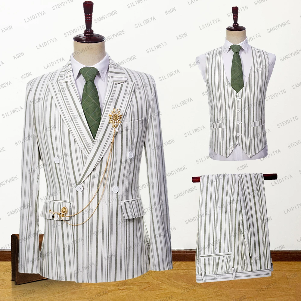 

2023 New Men Suits 3 Pieces Set Jacket Pants Vest Business High End White Linen Light Green Vertical Stripe Wedding Party Groom