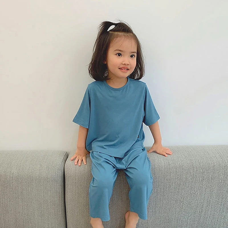 Summer Kids Home Clothes Solid Color Baby Girls Pajamas Set Toddler Seven-sleeved Outfits Children's Pajamas Casual Kids Outfits