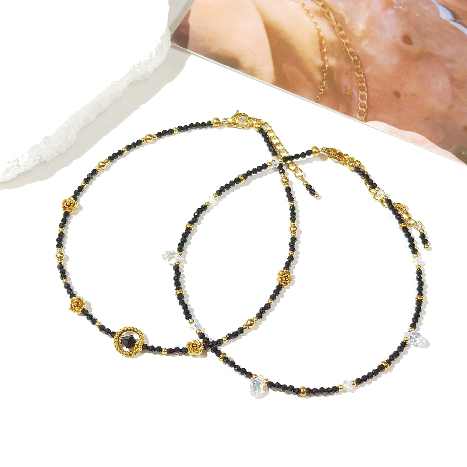 

Lii Ji Natural Stone 2mm Beads Black Tourmaline With Crystal Beaded Anklet 24+4cm Handmade Bohe Fashion Jewelry For Female