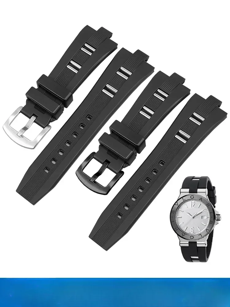 Watch Band for Bvlgari Diagono Rubber Silicone Black Solid Stainless Steel Buckle Men Women Special Convex Interface 26x9mm