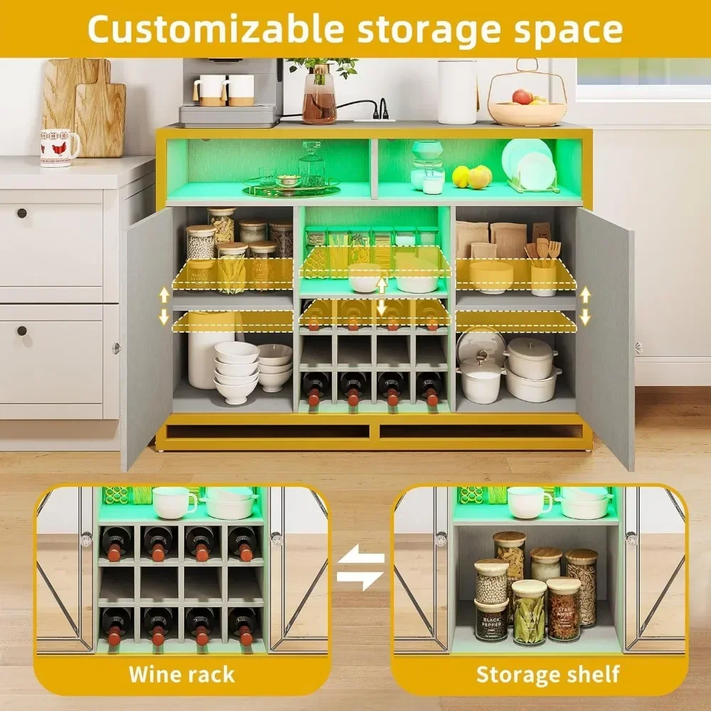 Bar Cabinet com Power Outlets, Coffee Bar Cabinet com Luzes LED e Removível Wine Rack, Armário Buffet de Armazenamento