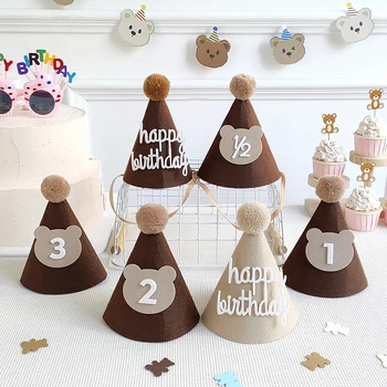 Sombrero de cumpleaños de oso, adorno de pastel de oso, globo marrón DIY, decoración para Baby Shower de 1 ° y 3 ° año, suministros para fiestas de feliz cumpleaños