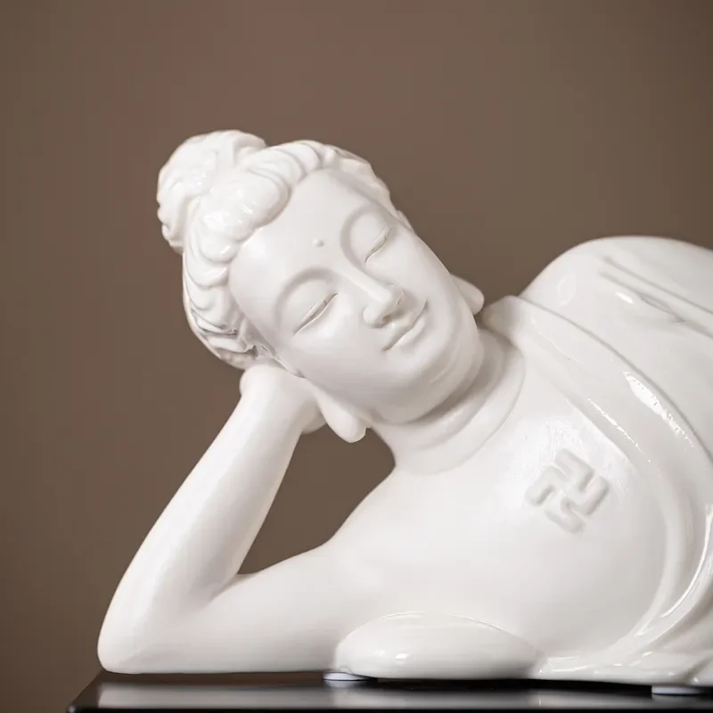 White Porcelain Reclining Buddha Statue Handmade Ceramic Sakyamuni Figure Light Luxury Home Decor Ornament for Living Room
