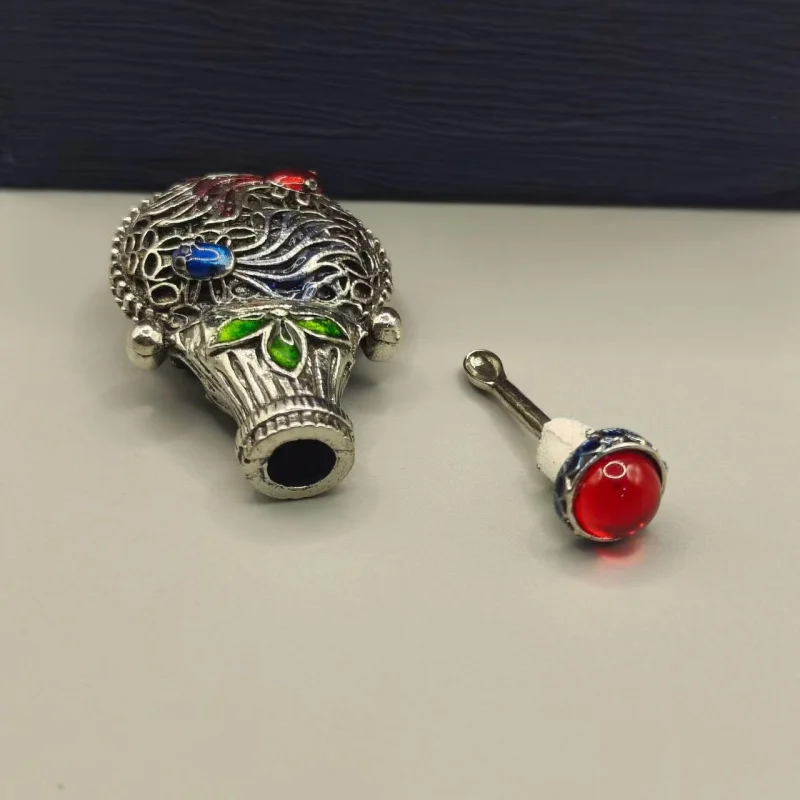 Tibetan silver inlaid cloisonne smoking set snuff bottle nose suction carry-on plaything