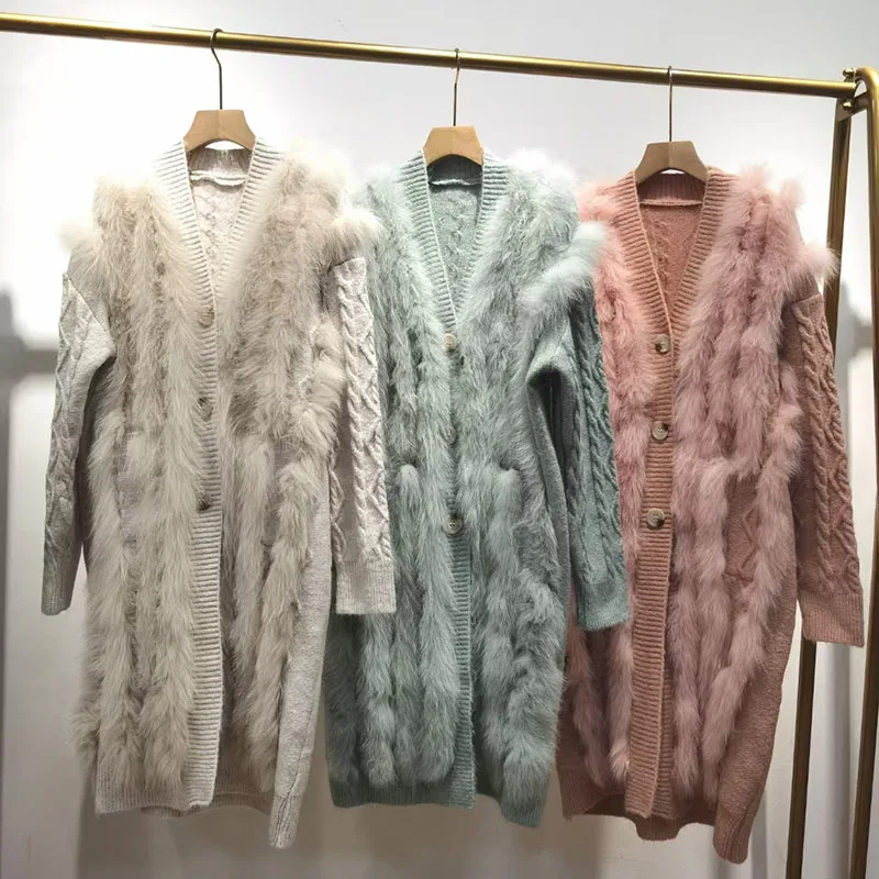 

2024 Winter Long Knitted Cardigan Coat With Real Fox Fur Plus Size Long Sleeve Genuine Fox Fur Jacket Outwear Female Cardigans