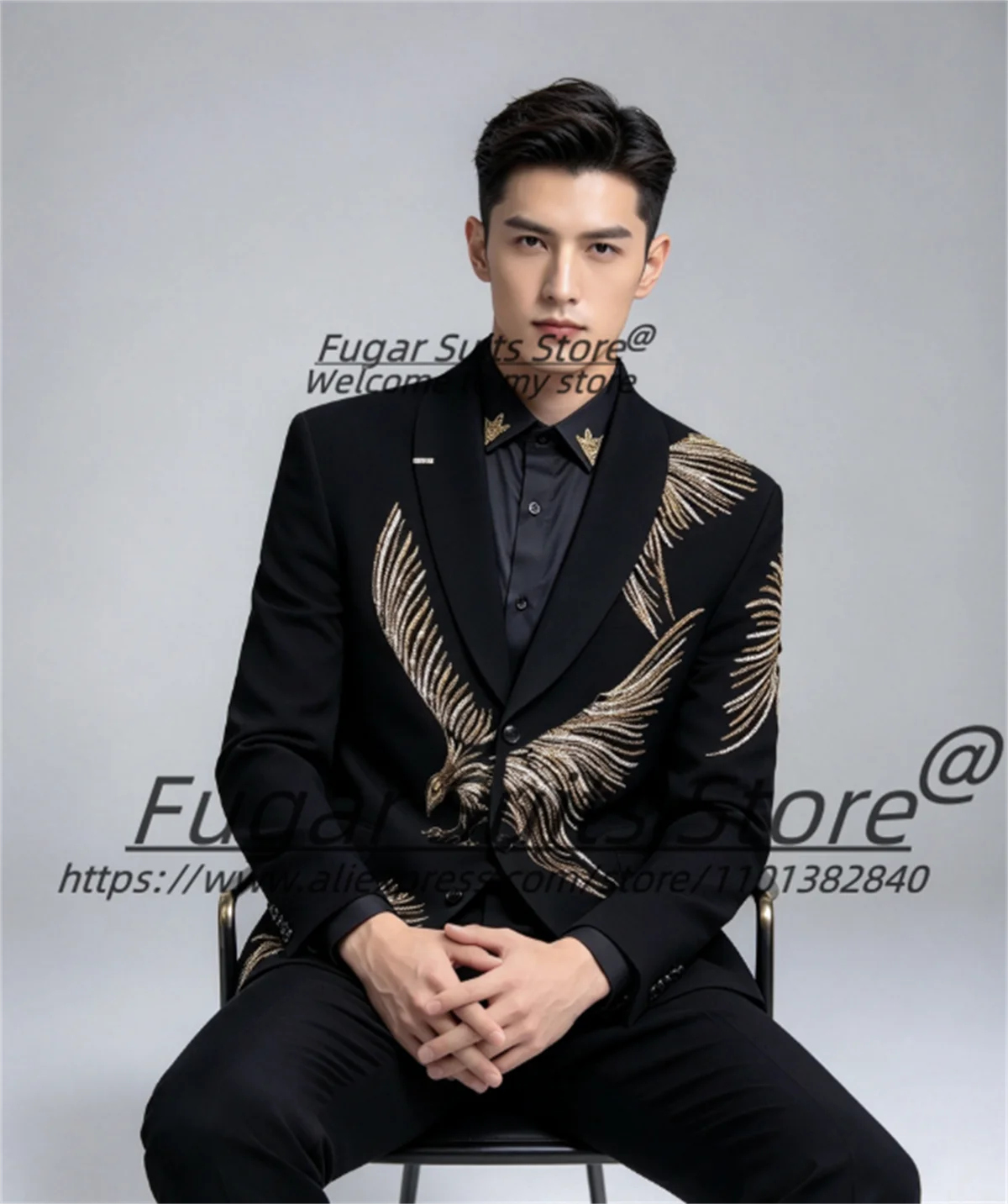 Customized Black Peak Lapel Men Suits SinyGolden Eagle Embroidery Groom Wedding Tuxedos 2 Pieces Sets Formal Ropa Hombre