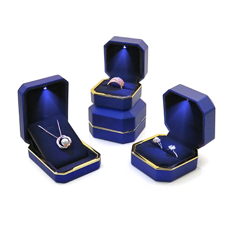 Wholesale Blue Lacquer Piano Ring Earrings Necklace Pendant Box with LED Light Plastic Jewelry Storage Box