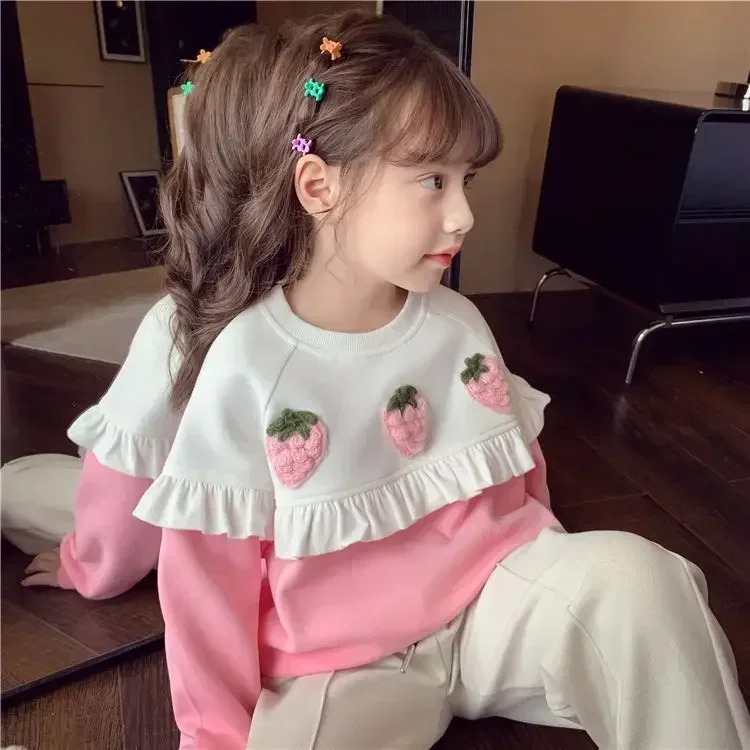 New Spring Autumn  3D Fruits Ruffles Sweaters Kids Clothing Korea Girls Baby Birthday Princess Sweatshirts Children Tops Clothes