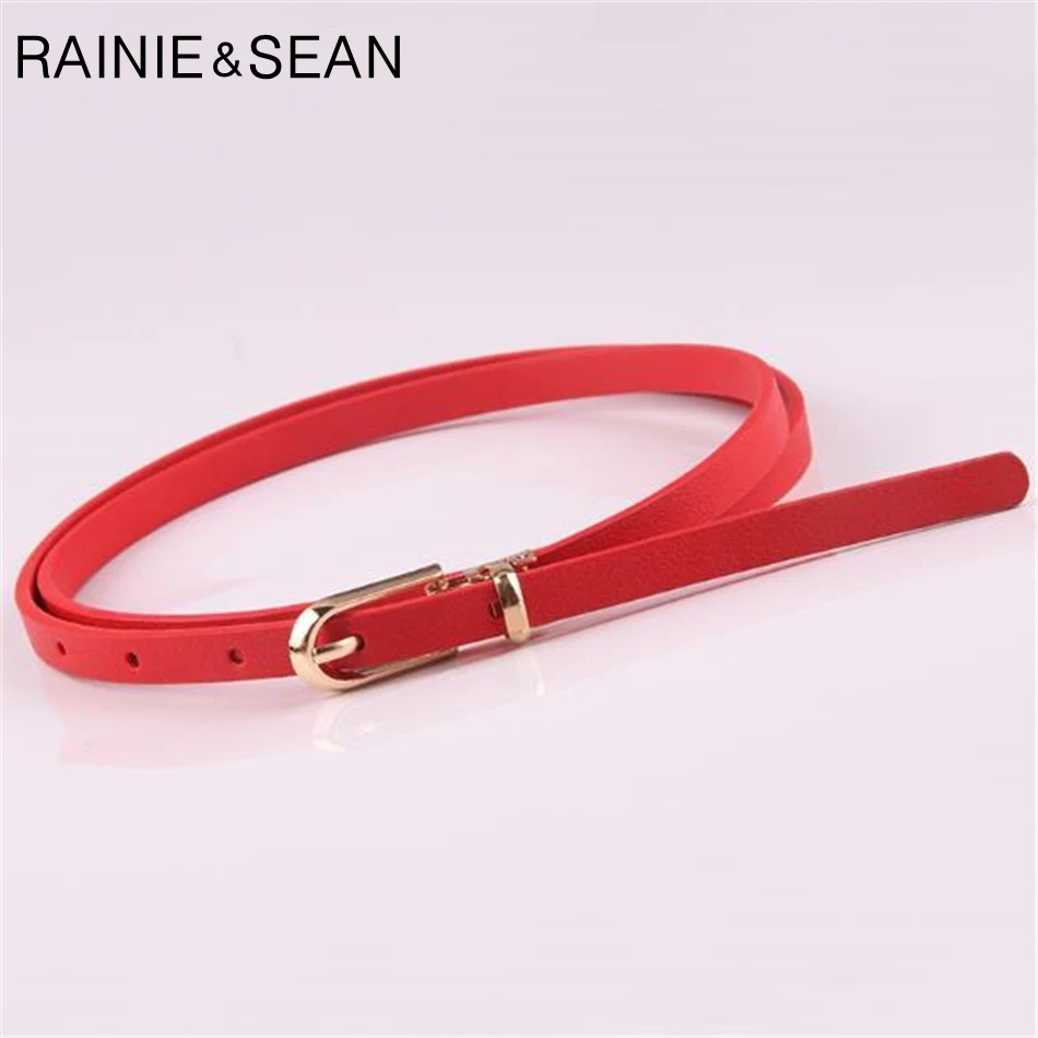 RAINIE SEAN Leather Dress Belt Woman Belts For Dress Candy Color Yellow Red Pink Brown PU Waist Thin Women\'s Belt Narrow Strap