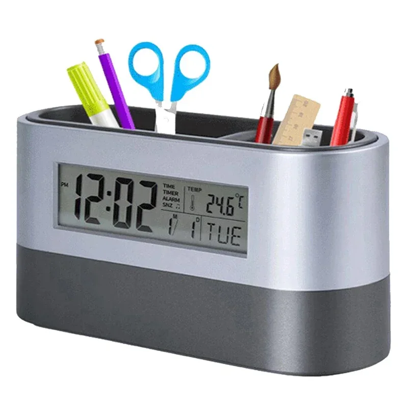 Manage Your Time Effectively With This Electronic Pen Holder Alarm Clock Featuring Calendar And Temperature Display