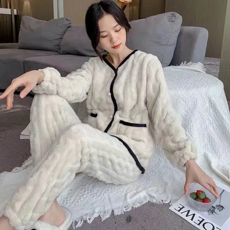 

Coral Fleece Sleepwear For Women Spring Autumn Thick Fleece Warm Pajama Set Female Flannel Home Suit Casual Pajama Pants Sets