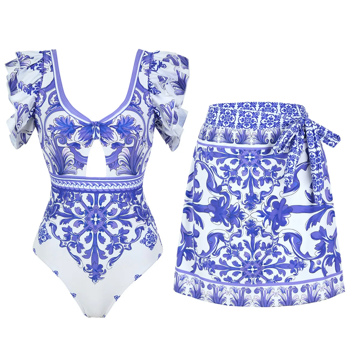 Women Blue White Porcelain Print Tight One Piece Swimsuit with Cover Up Set Beach Vacation