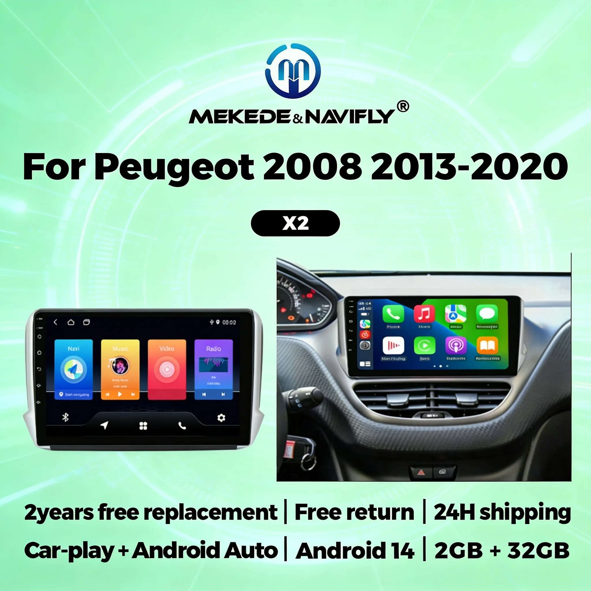 

2 Din 10-дюймовый сенсорный экран автомобильной магнитолы для Peugeot 2008, 208 серии 2013-2020, Carplay, Android Auto, мультимедиа, GPS-навигация