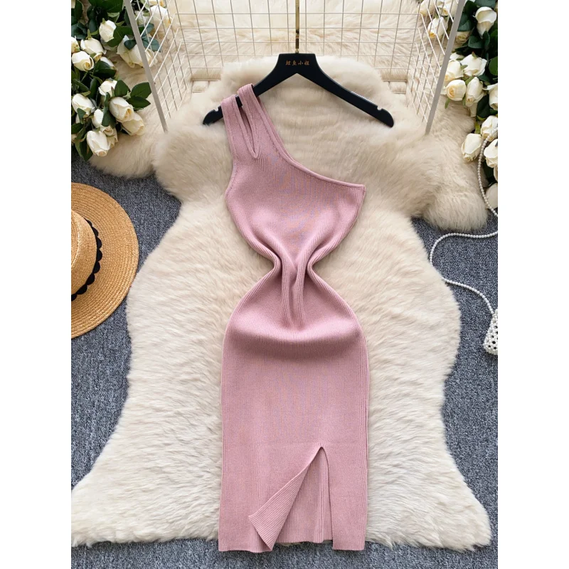 Women sexy slim summer chic one-shoulder knitted bodycon short dress casual sheath cut-out night club split streetwear dress