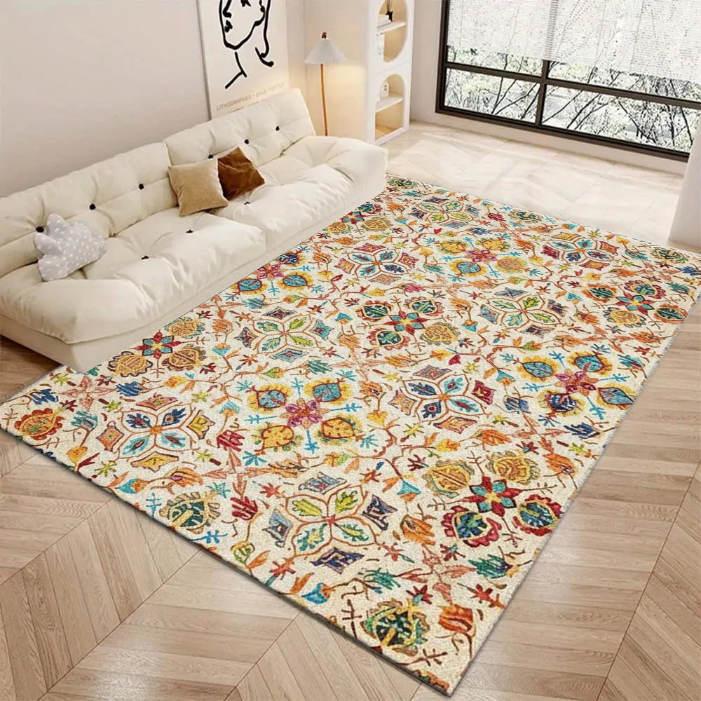 Cream Multicolor Boho Oriental Square Rug Bright Vintage Geometric Floral Ethnic Motif Non-Slip Carpet for Living Room Home Decor