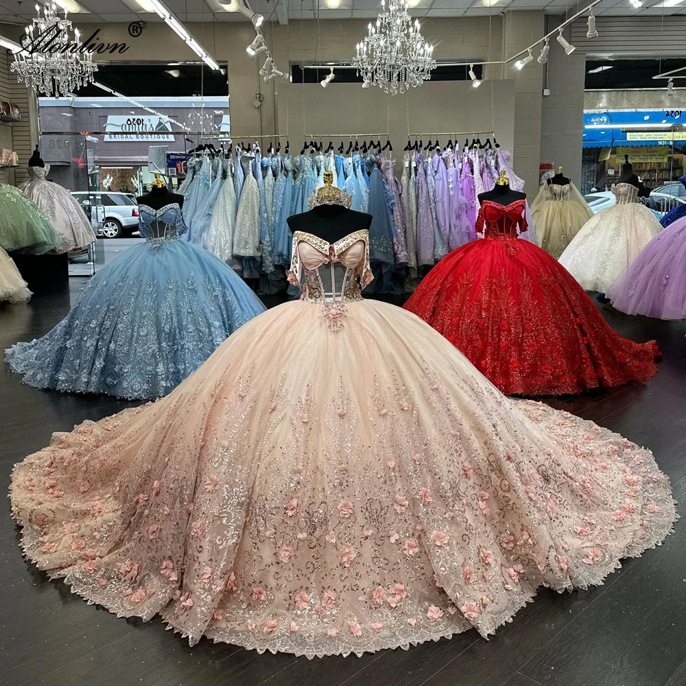 

Customize Quinceanera Dresses Lace Appliques, Crystal Beads, Off Shoulder Illusion Short Sleeves, Hand Made Flowers,Party Gowns