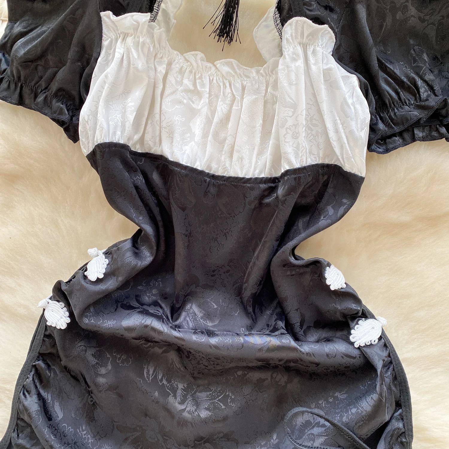 Sexy Elegant Chinese Satin Cheongsam Ruffle Spliced Bubble Sleeve Hollow Out Tassel Dress Retro Women's Nightgowns Pajamas Suit