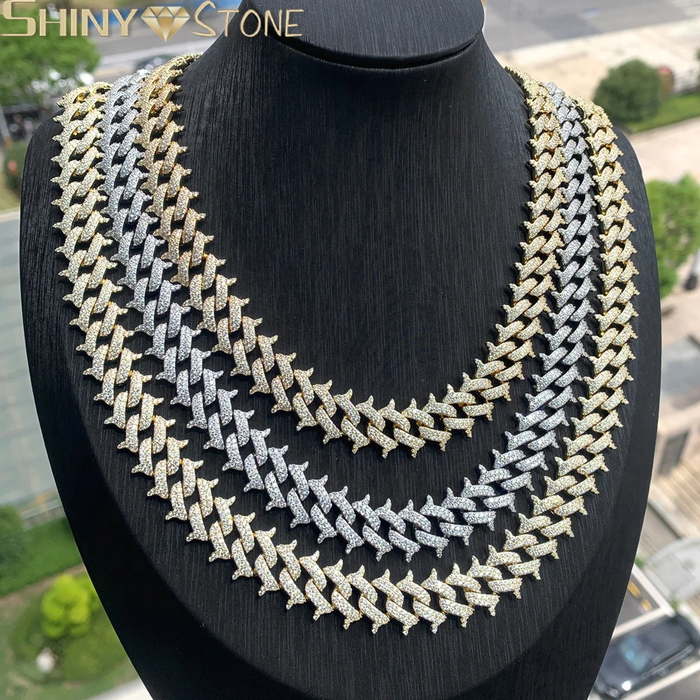 Iced out  Cuban Link Miami Chain Necklace Luxury Gold Color Jewelry Necklace With CZ Paved Rivets Spike Shape Choker