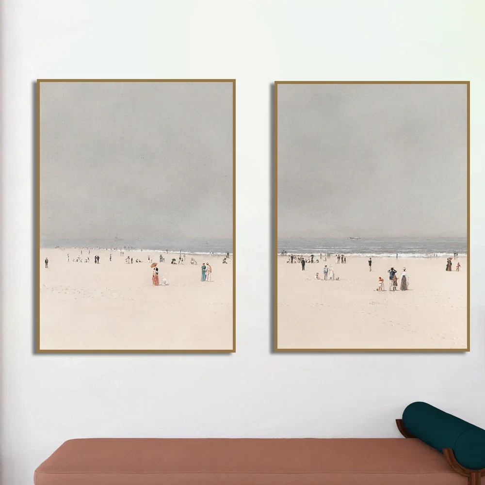 Seaside Beach Art Canvas Painting  Print Antique Seascape Poster, Soft Tones Coastal Art Muted Wall for Living Room Home Decor