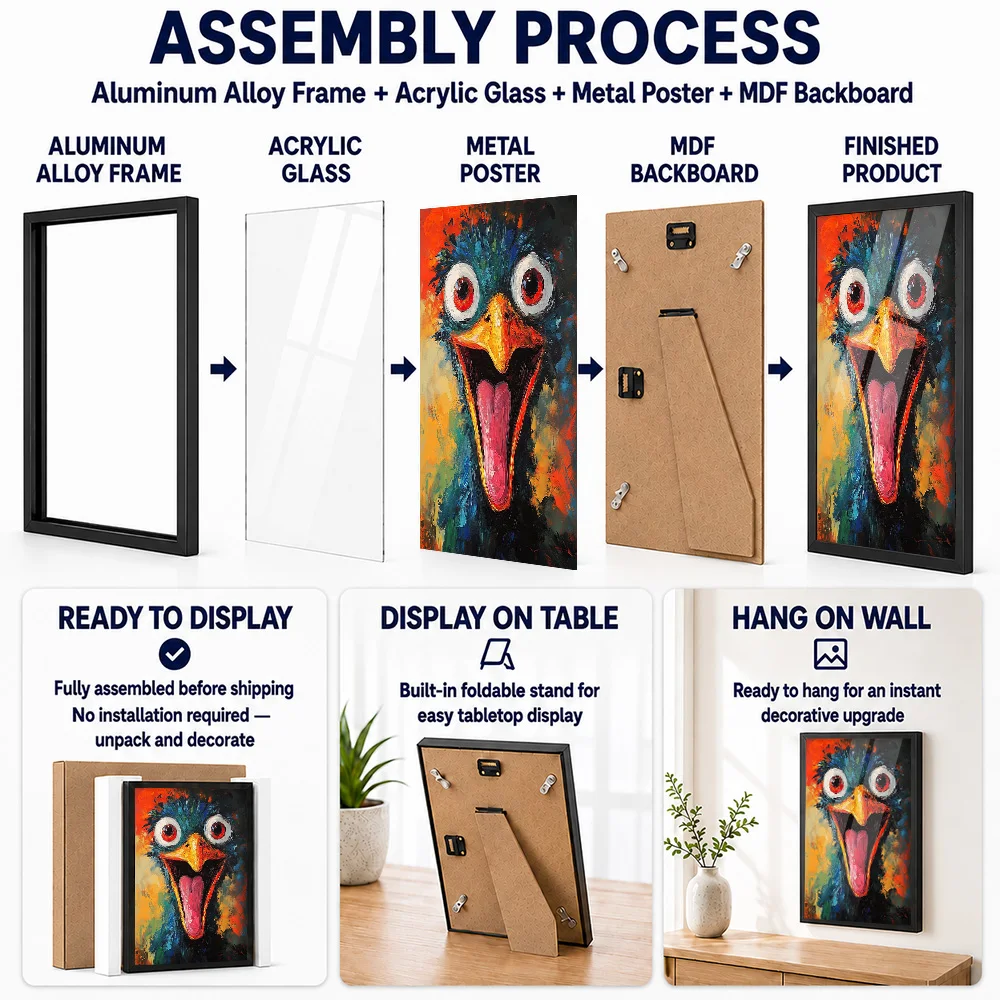 Funny Ostrich Metal Poster With Aluminum Alloy Frame Personalized Photo Wildlife Style Wall Art For Family Room Collector Gift