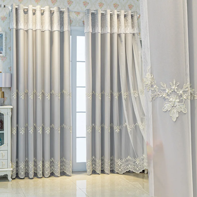 1 Panel European Double Layer Curtain with Valance for Living Room Luxury Phoenix Crown Embroidered Curtain with Beads