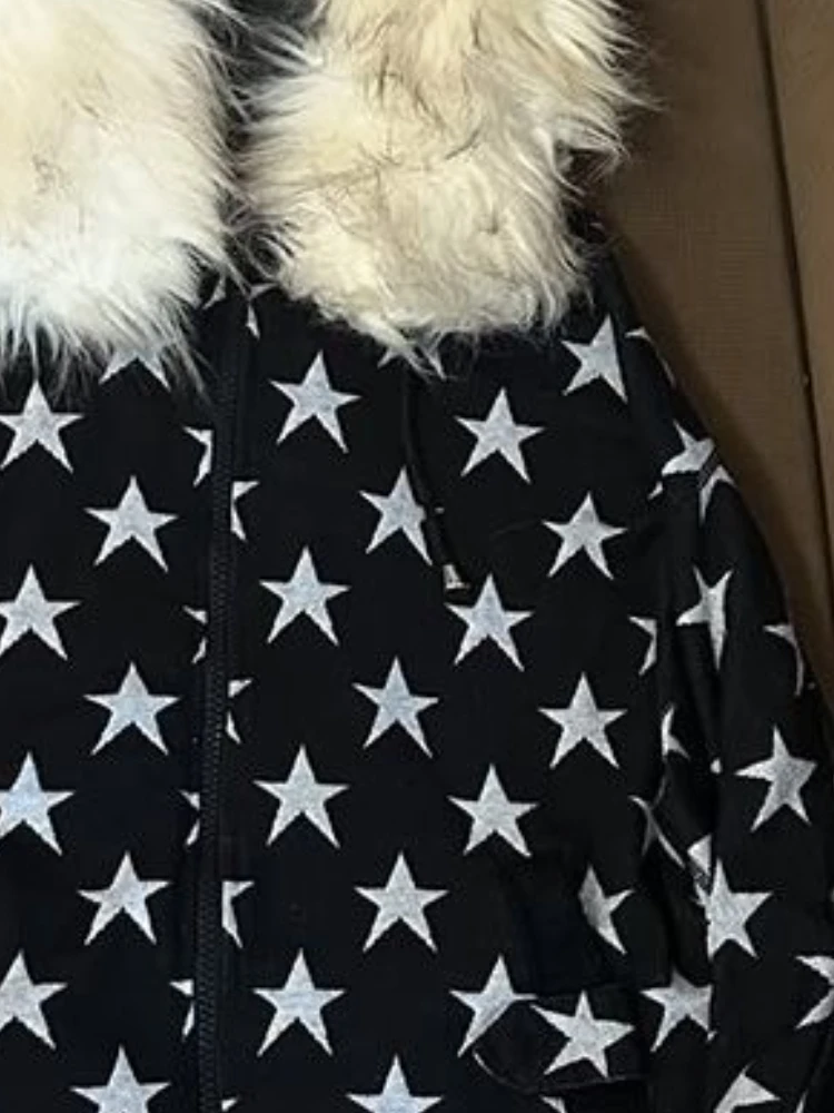 الرجعية الأمريكية الشتاء معطف الموضة المرأة فضفاضة تناسب الفراء طوق ستار طباعة هوديس عادية شيك دافئ Vintage ملابس عصرية أنيقة