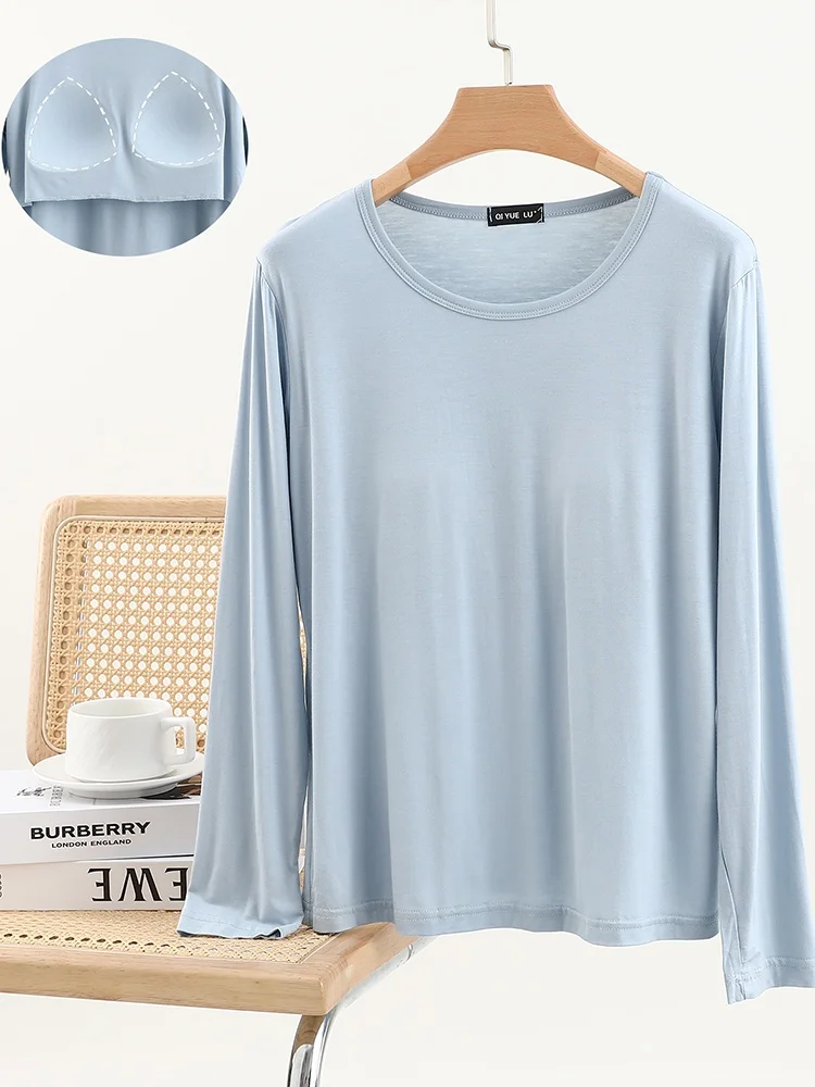 قميص نسائي بأكمام طويلة وياقة مستديرة من المودال، قميص رقيق للربيع بلون واحد، قميص أساسي بدون حمالة صدر، قطعة علوية عملية متع... #2