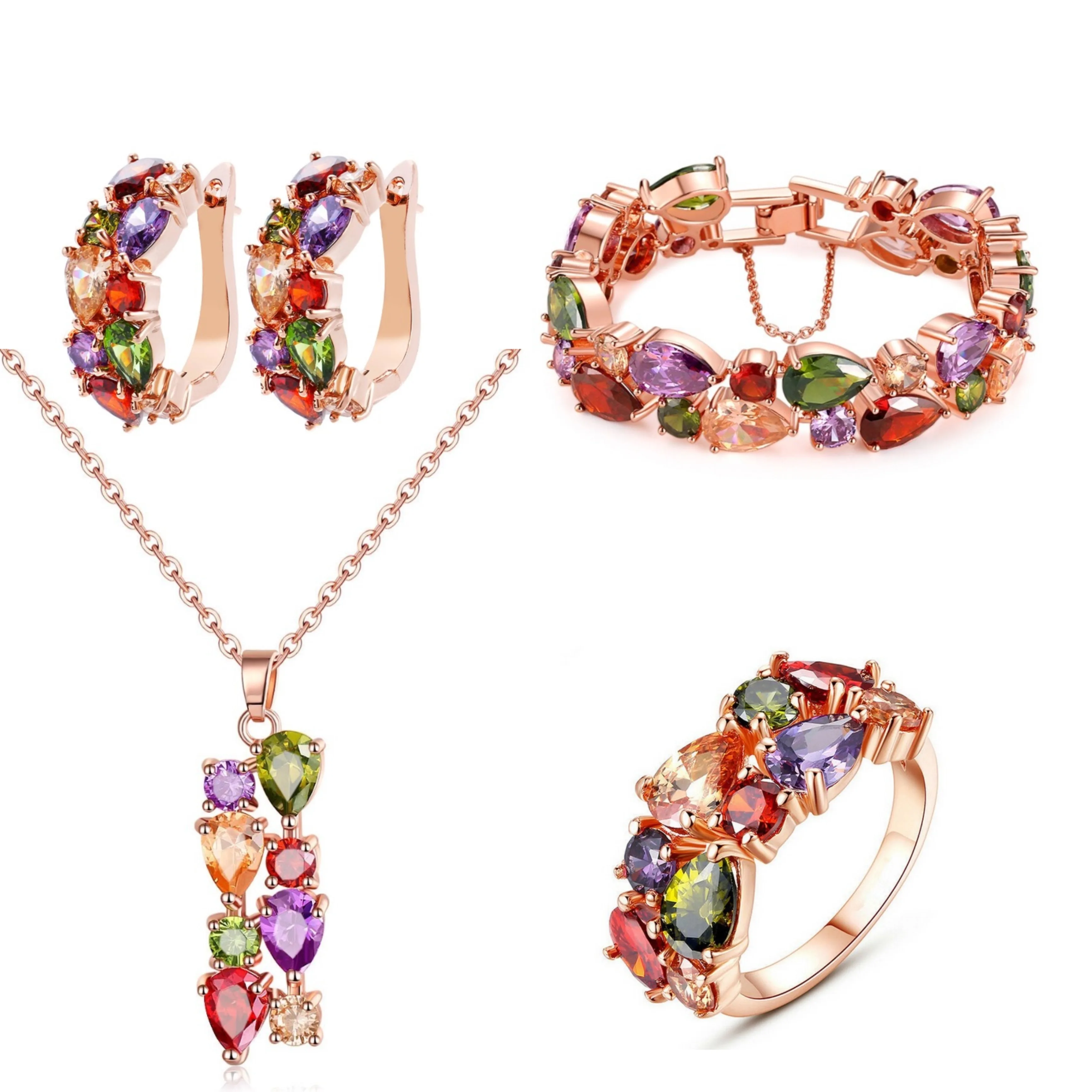 SUGO Classic Hot Sale Retro Sweet Rose Gold Color Multi Cubic Zirconia Jewelry Sets for Elegant Women Dinner Party Accessories