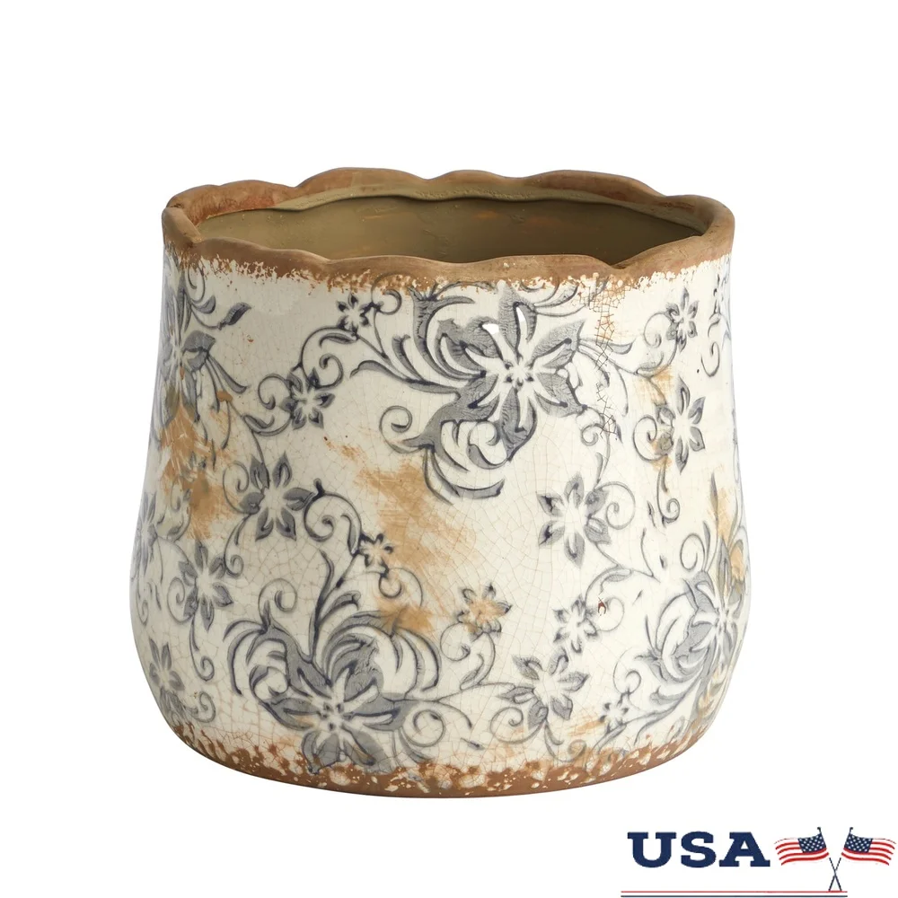 

Tuscan Ceramic Gray Scroll Planter Decorative Flower Vase Rustic Home Accent Indoor Use No Drainage Hole 7in Durable Ceramic